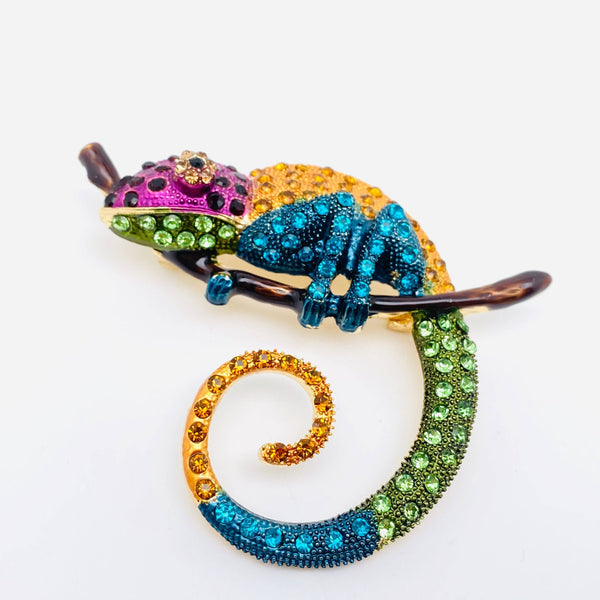 Colorful Rhinestone Chameleon Lizard Brooch / Pendant